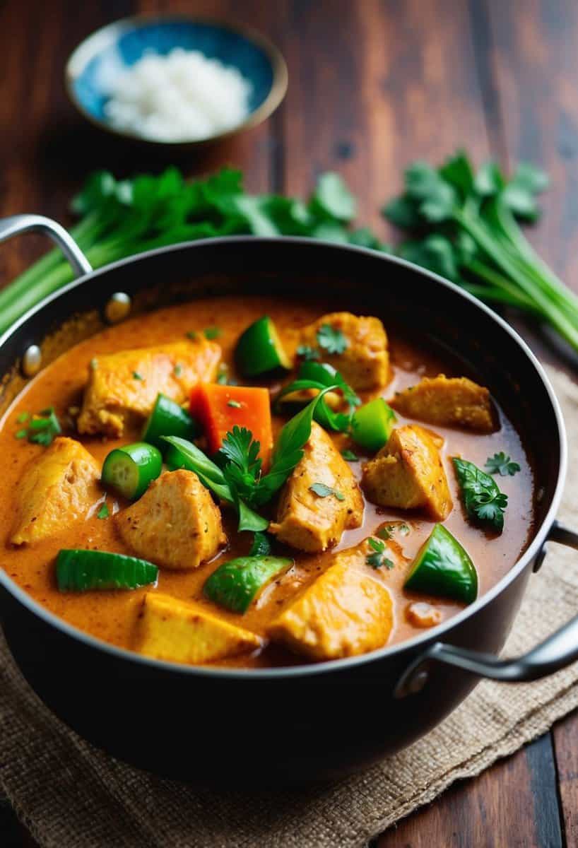 A simmering pot of red curry chicken with vibrant vegetables and tender chunks of boneless chicken breast