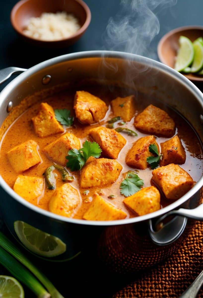 A steaming pot of red curry chicken with vibrant spices and tender chunks of boneless, skinless chicken breast