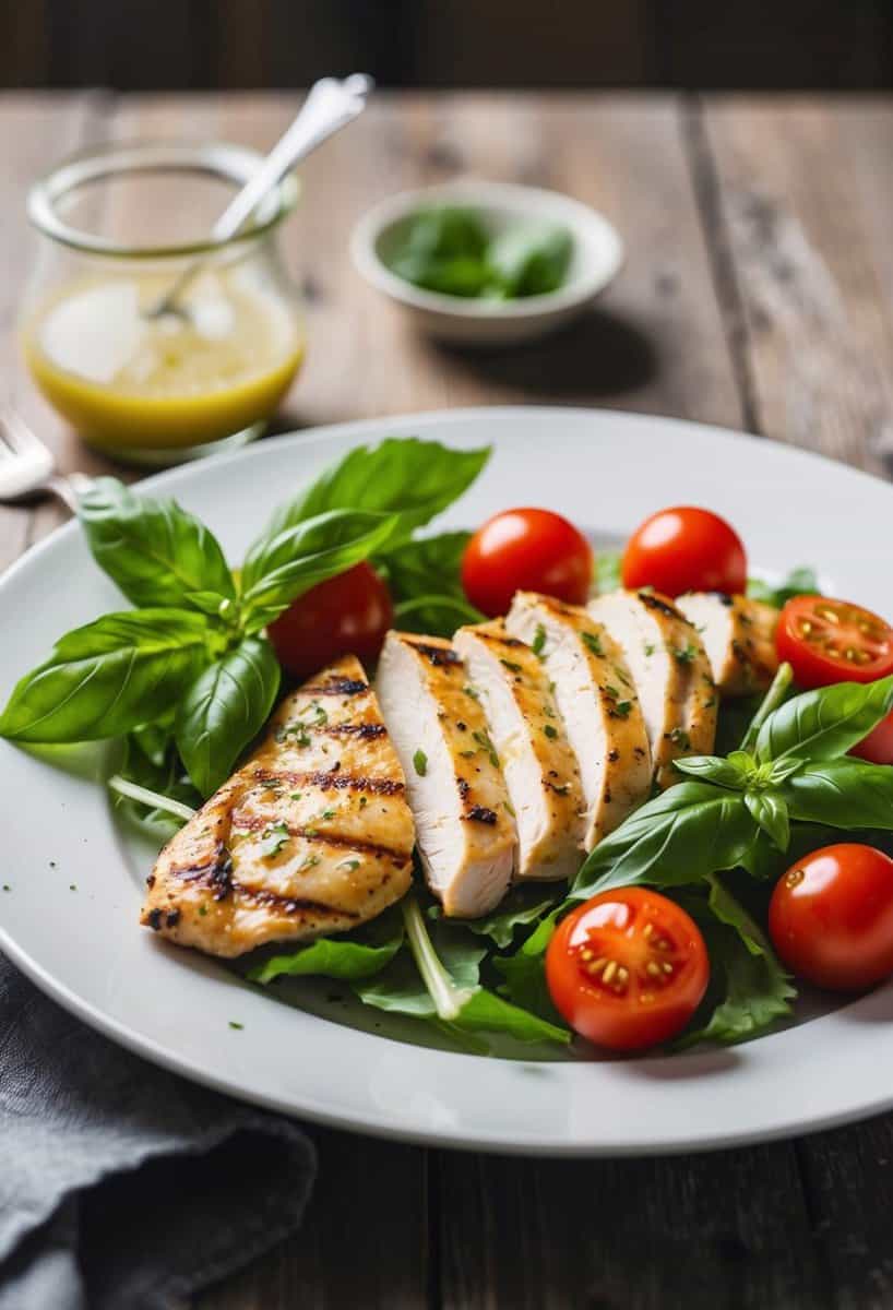 A plate of basil chicken salad with grilled boneless chicken breast, fresh basil leaves, cherry tomatoes, and a light vinaigrette dressing