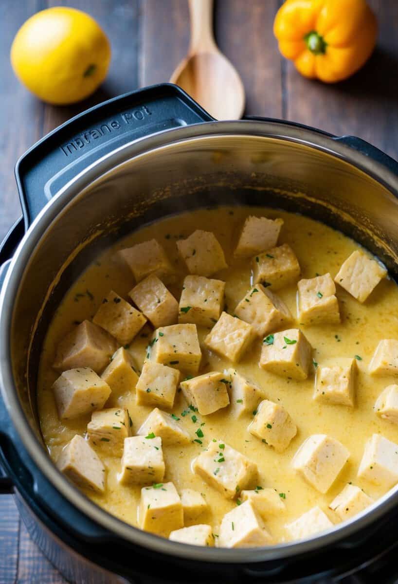 A sizzling skillet of diced boneless chicken breast simmering in a rich and creamy butter chicken sauce within an Instant Pot