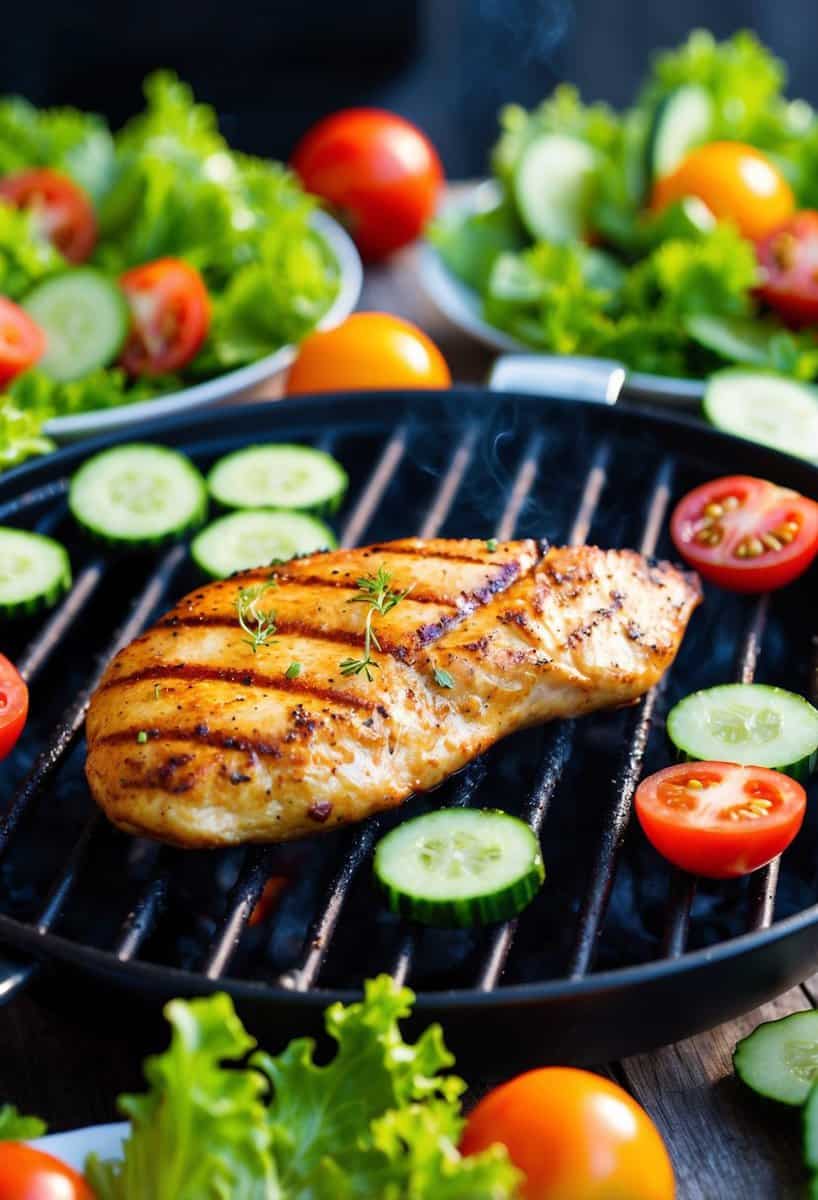 A sizzling chicken breast on a grill, surrounded by vibrant, fresh salad ingredients like lettuce, tomatoes, and cucumbers