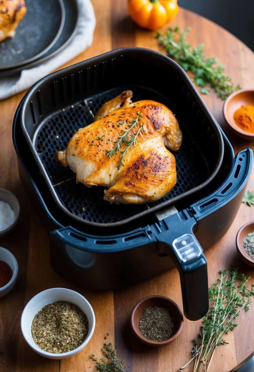 A sizzling chicken breast cooks in an air fryer, surrounded by a variety of aromatic spices and herbs