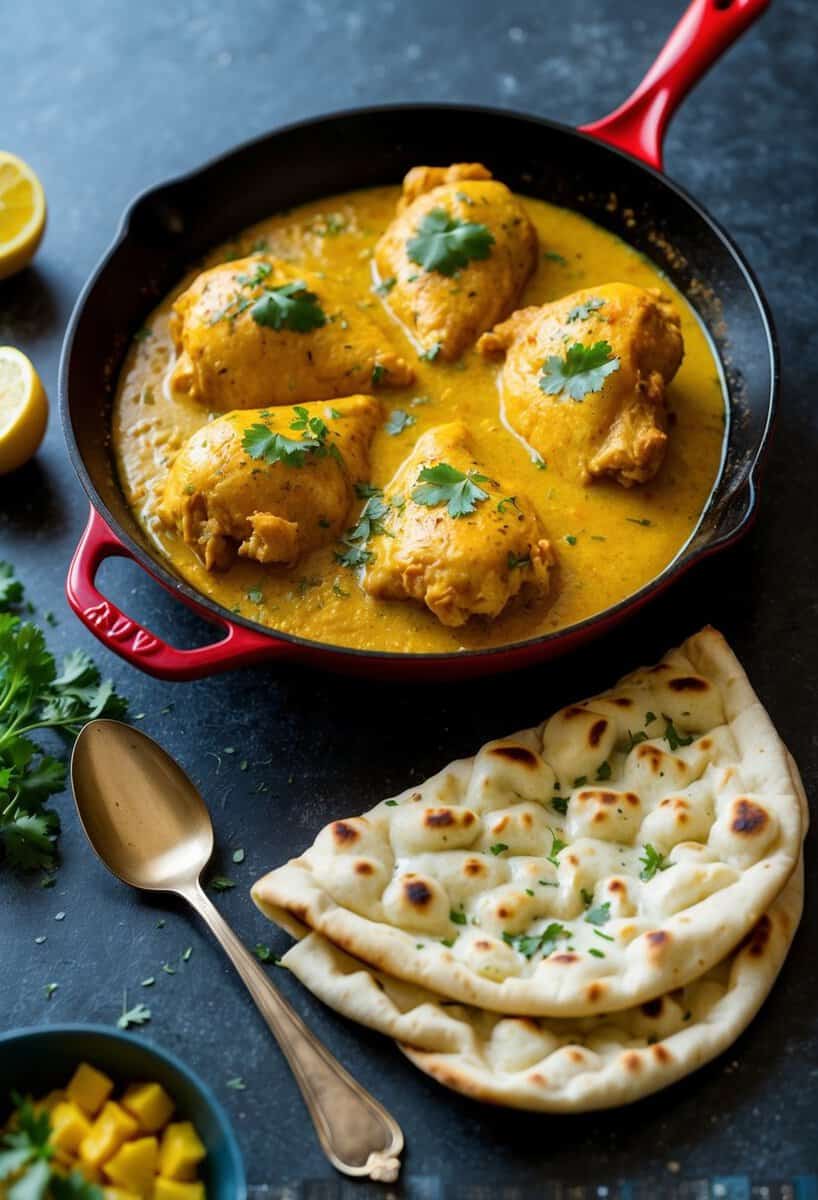 A sizzling skillet of butter chicken with a side of freshly baked naan bread