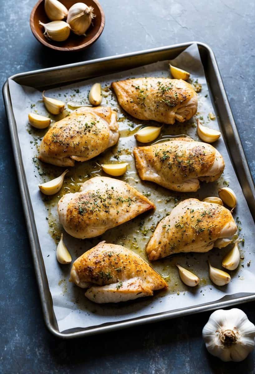 A sheet pan lined with parchment paper holds seasoned boneless chicken breasts, surrounded by cloves of garlic, ready for roasting