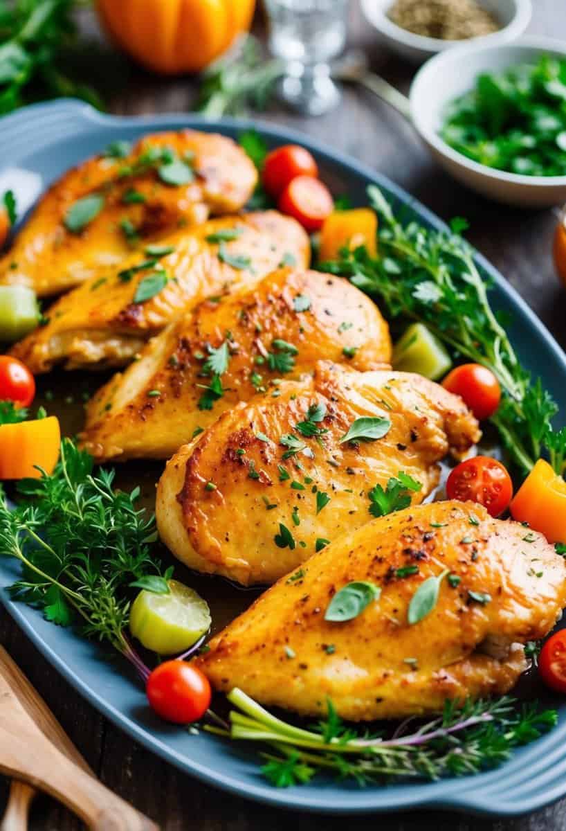 A platter of succulent, golden-brown chicken breasts surrounded by fresh herbs and colorful vegetables