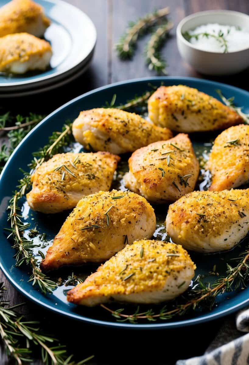 A platter of golden-brown herb-crusted chicken breasts fresh out of the oven, surrounded by sprigs of rosemary and thyme