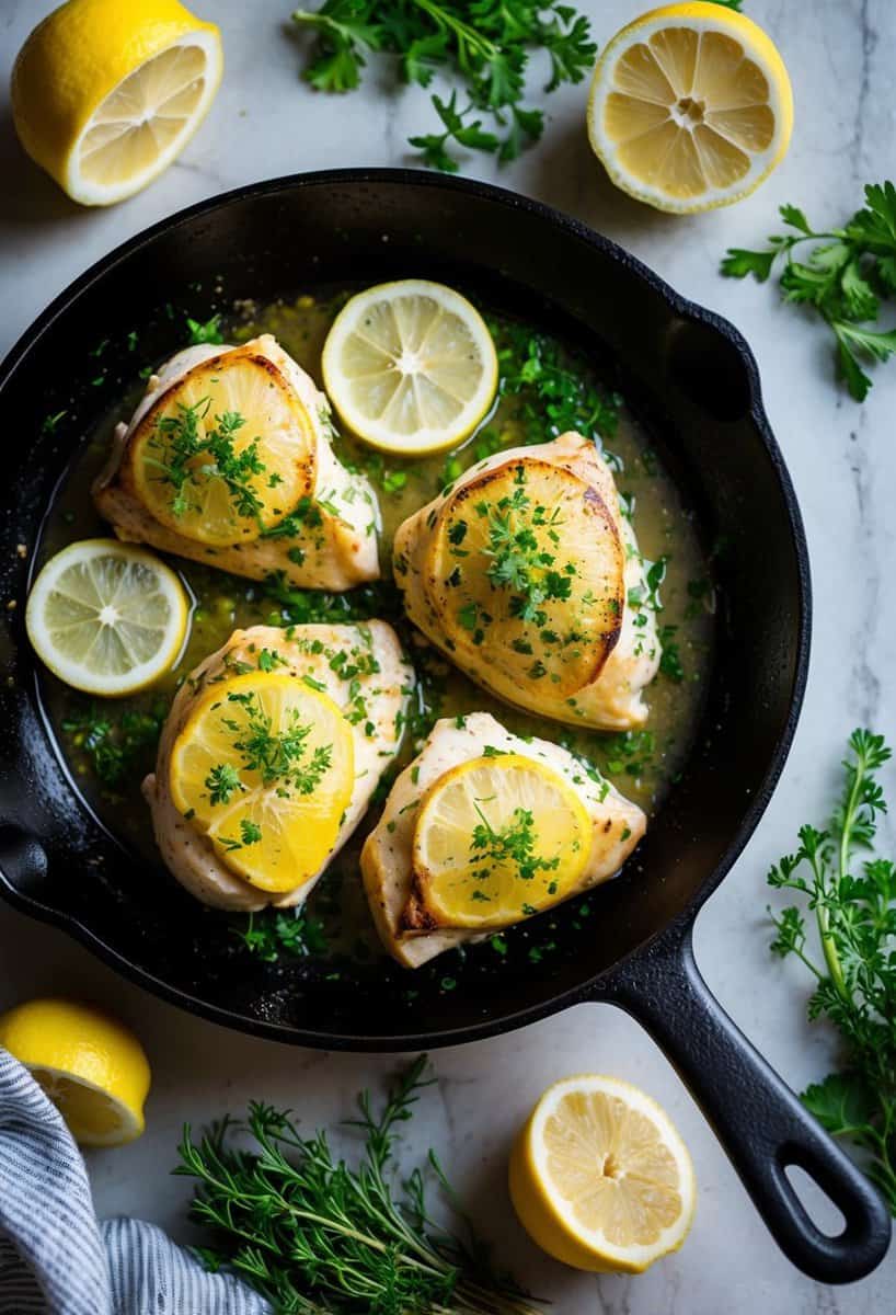 A sizzling skillet with lemon herb chicken, surrounded by fresh herbs and sliced lemons