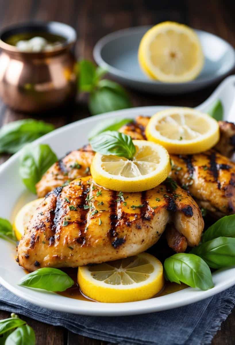 A platter of grilled chicken topped with fresh lemon slices and basil leaves