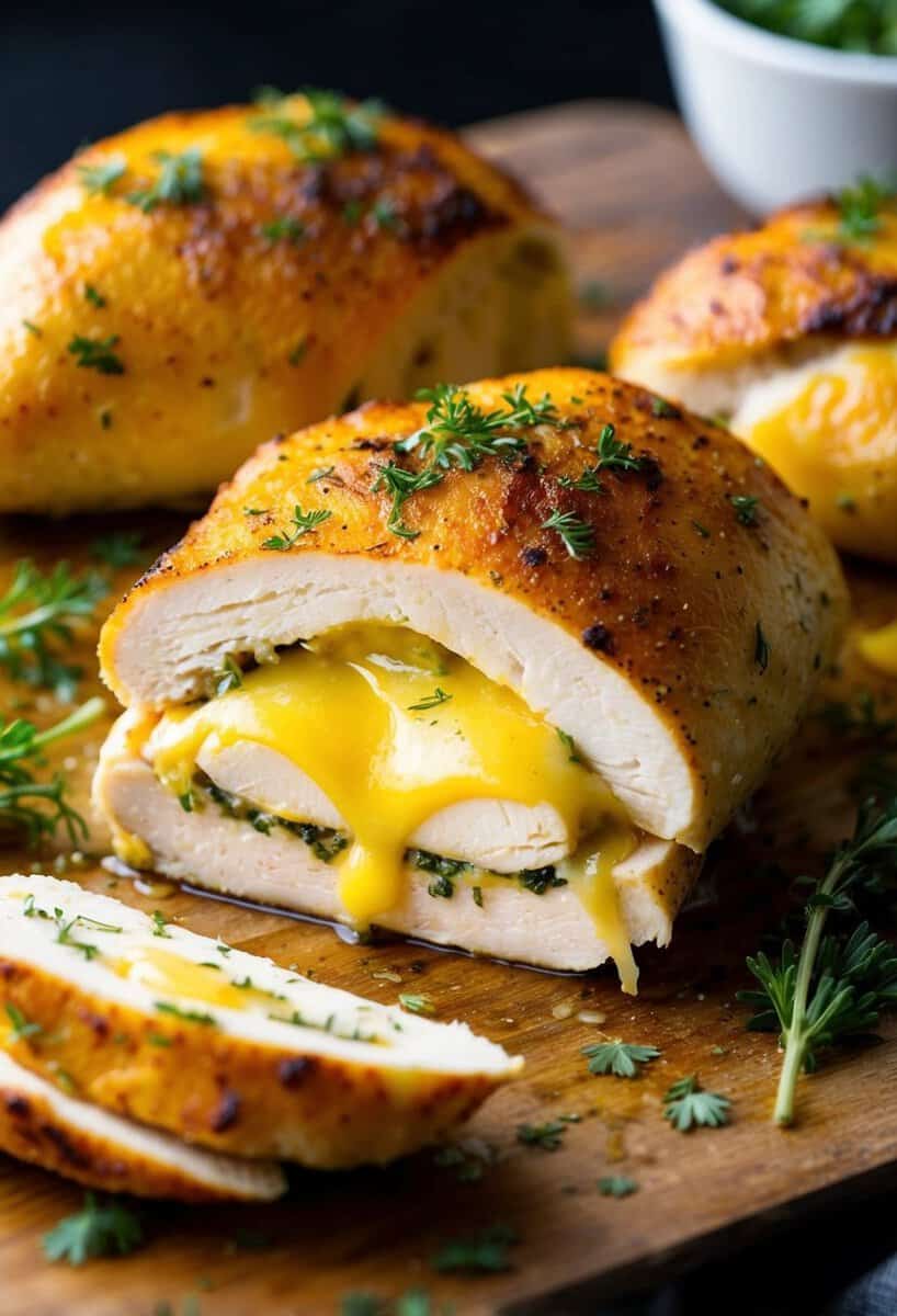 A plump chicken breast is sliced open, filled with gooey cheese and herbs, then baked to golden perfection