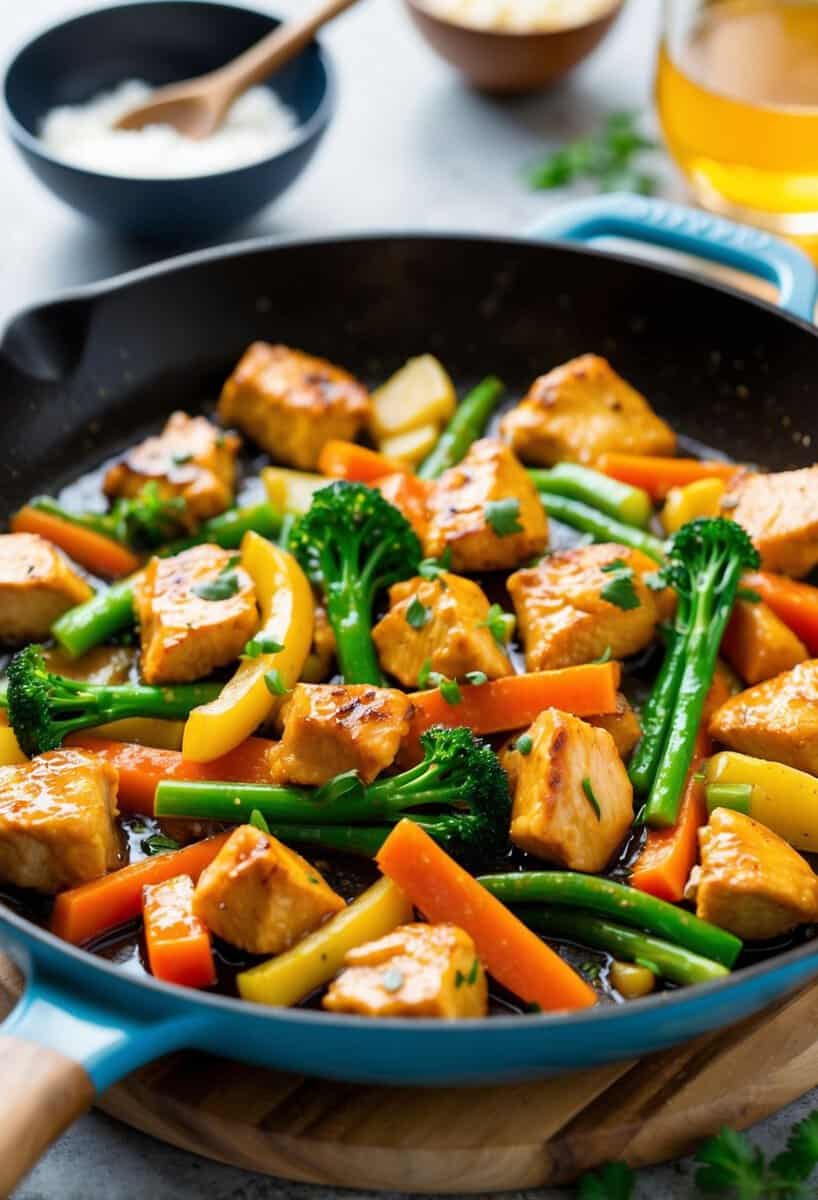 A sizzling skillet of honey garlic chicken stir-fry, with colorful vegetables and tender chunks of boneless chicken