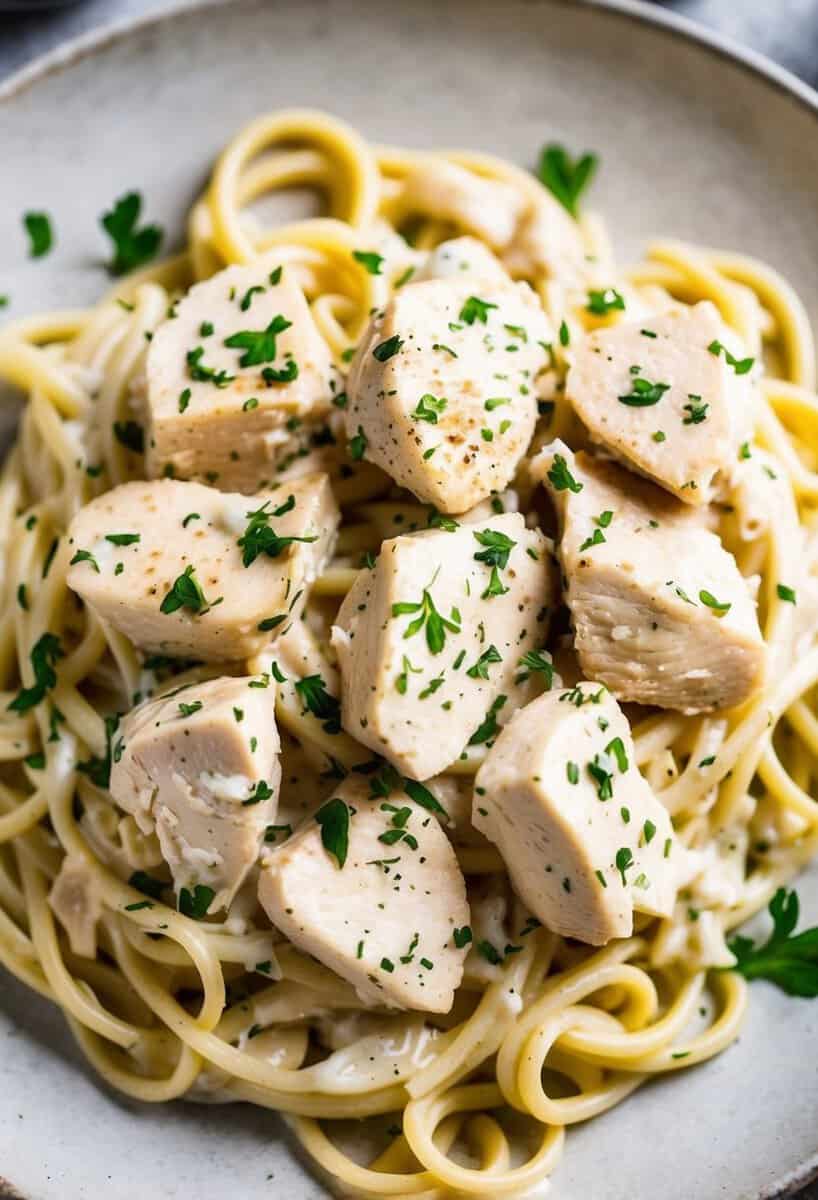 A steaming plate of creamy Chicken Alfredo Pasta, topped with tender, juicy pieces of boneless, skinless chicken breast, surrounded by fresh herbs and spices