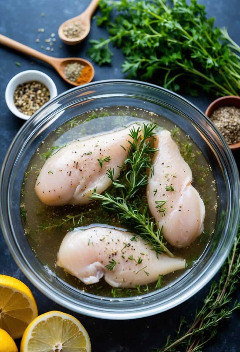 A clear bowl filled with a brine solution, surrounded by fresh herbs, spices, and boneless, skinless chicken breasts