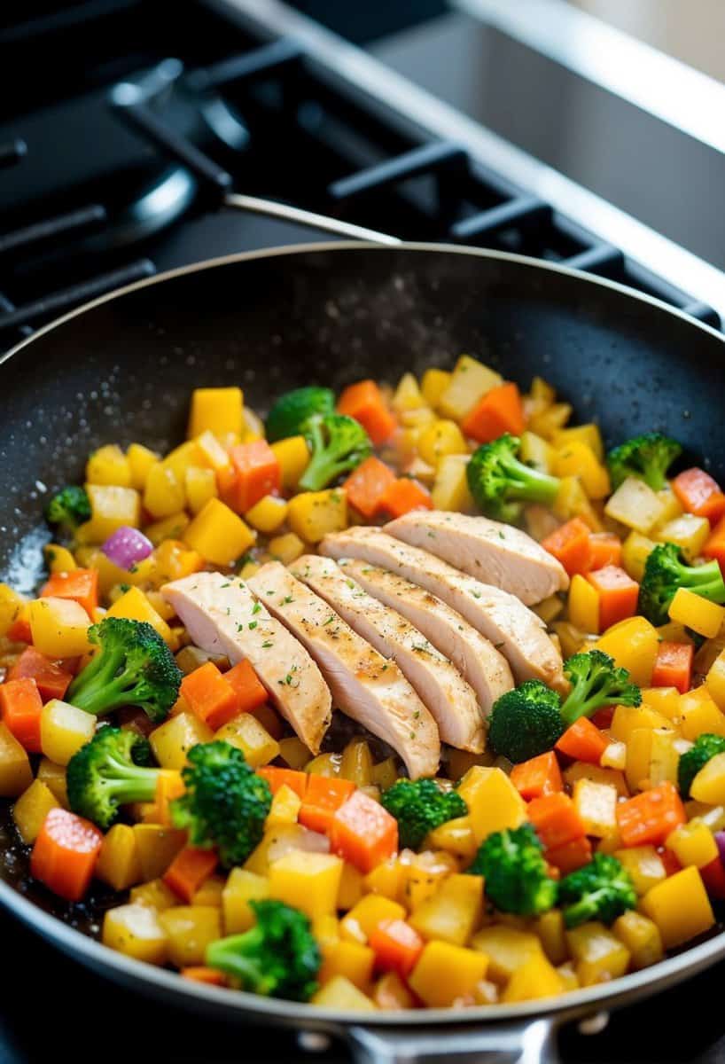 A sizzling skillet with colorful vegetables and diced chicken breast cooking over high heat