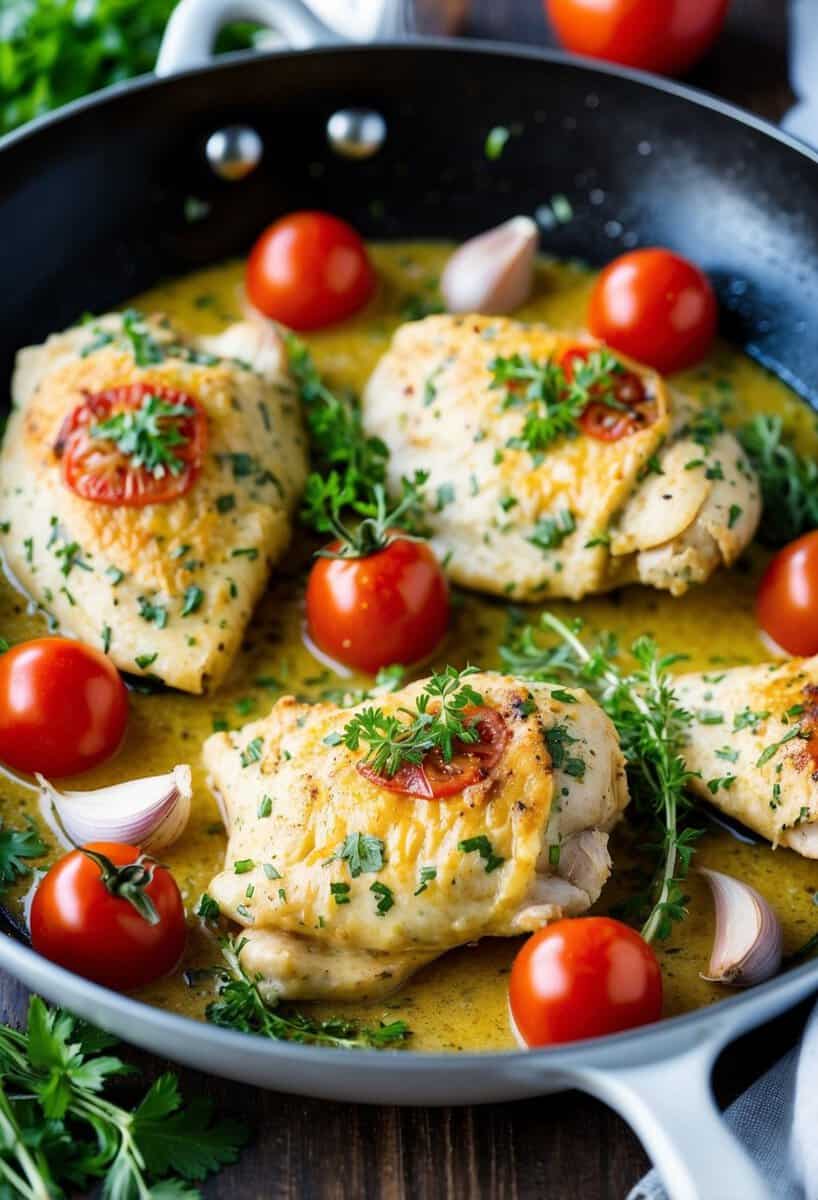 A sizzling skillet with creamy Tuscan chicken, surrounded by fresh herbs, tomatoes, and garlic cloves