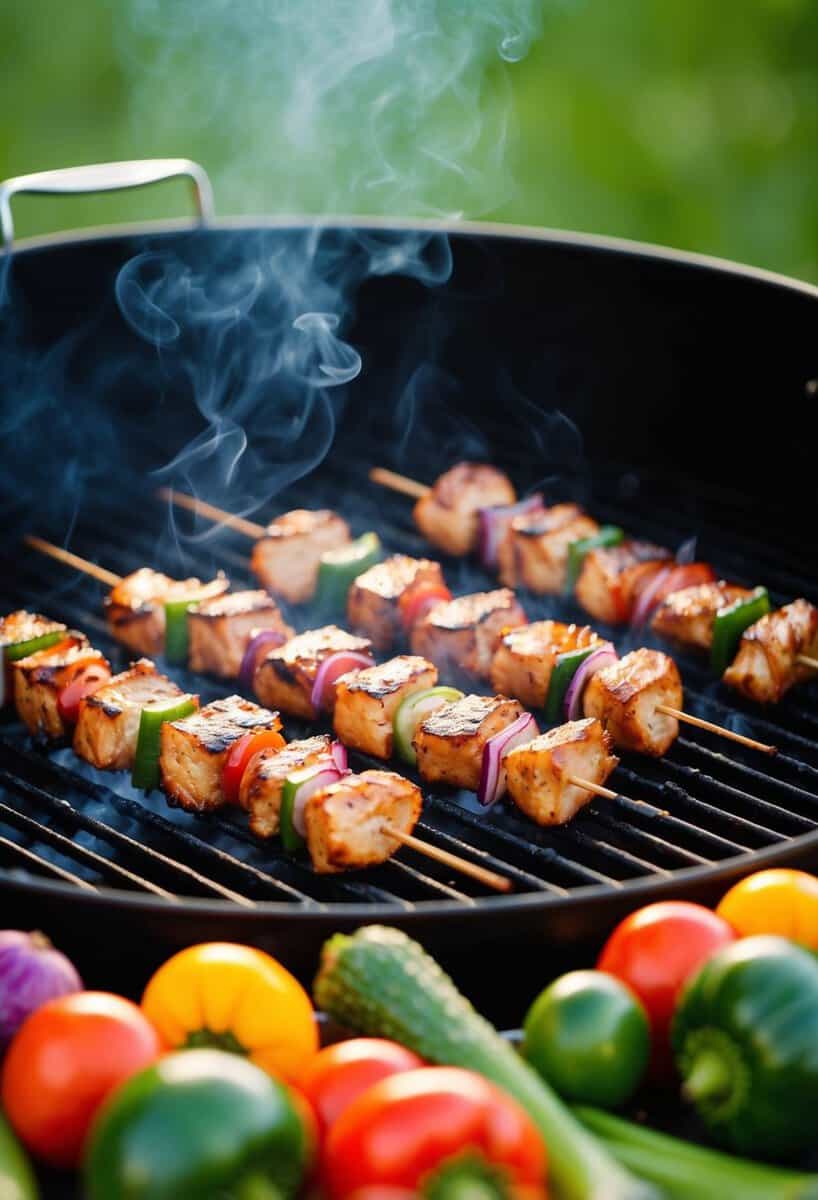 A grill sizzling with BBQ chicken skewers, surrounded by colorful vegetables and a smoky aroma filling the air