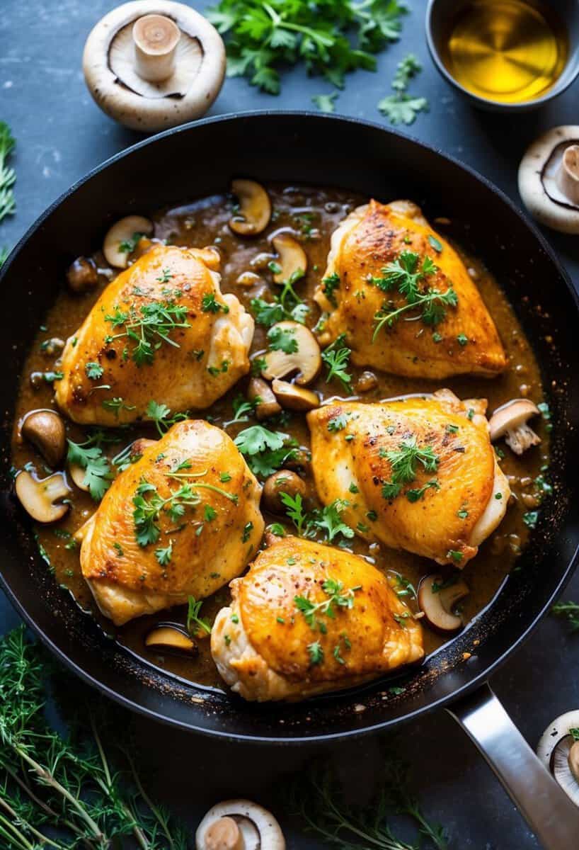 A sizzling skillet with boneless chicken simmering in a rich Marsala sauce, surrounded by fresh herbs and mushrooms