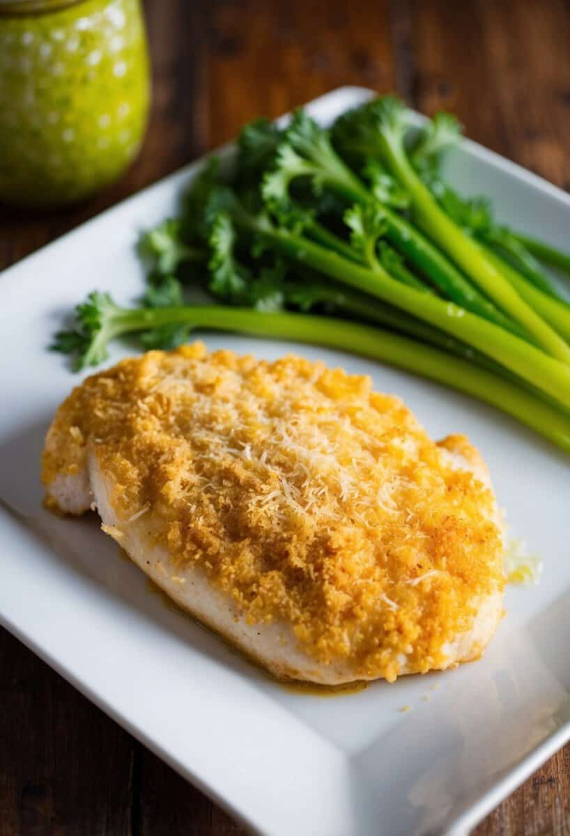 A golden-brown Parmesan crusted chicken breast on a white plate with a side of vibrant green vegetables