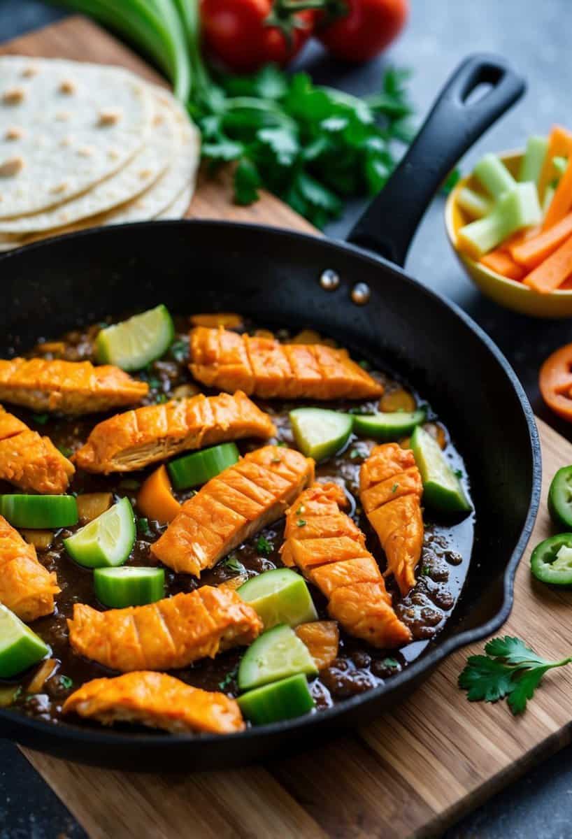 A sizzling skillet of buffalo chicken strips, sliced veggies, and tortillas on a wooden cutting board