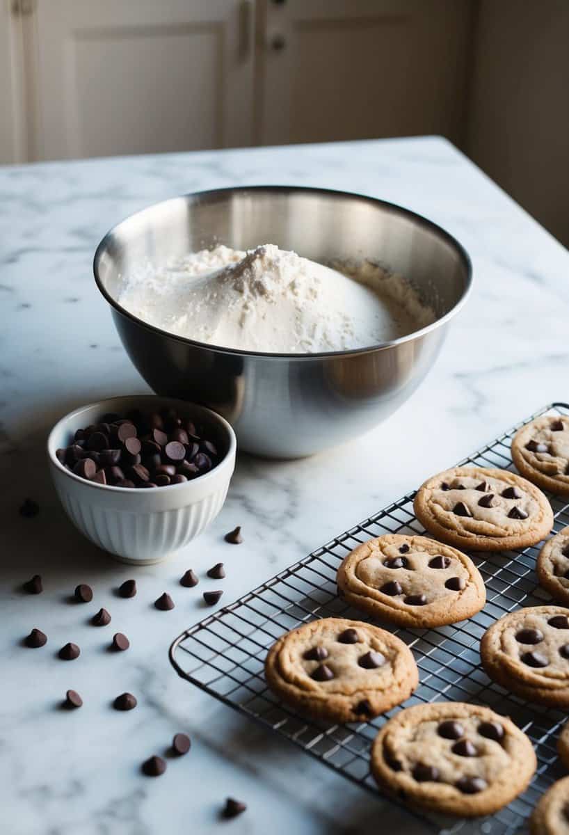 A mixing bowl filled with flour, sugar, and chocolate chips sits next to a tray of freshly baked cookies cooling on a wire rack