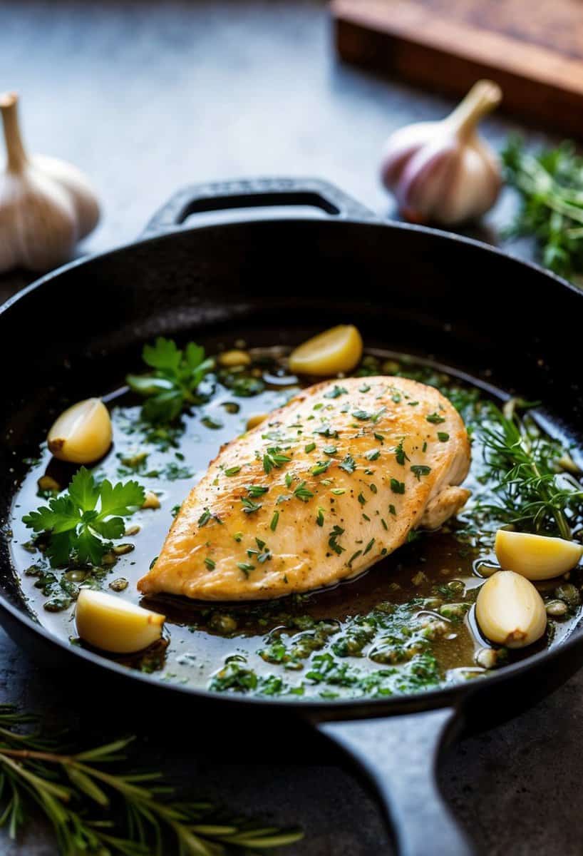 A sizzling garlic herb chicken breast cooking in a hot skillet, surrounded by fresh herbs and garlic cloves