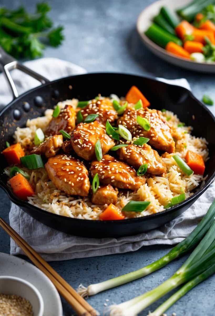 A sizzling skillet of teriyaki chicken, rice, and vegetables, garnished with sesame seeds and green onions