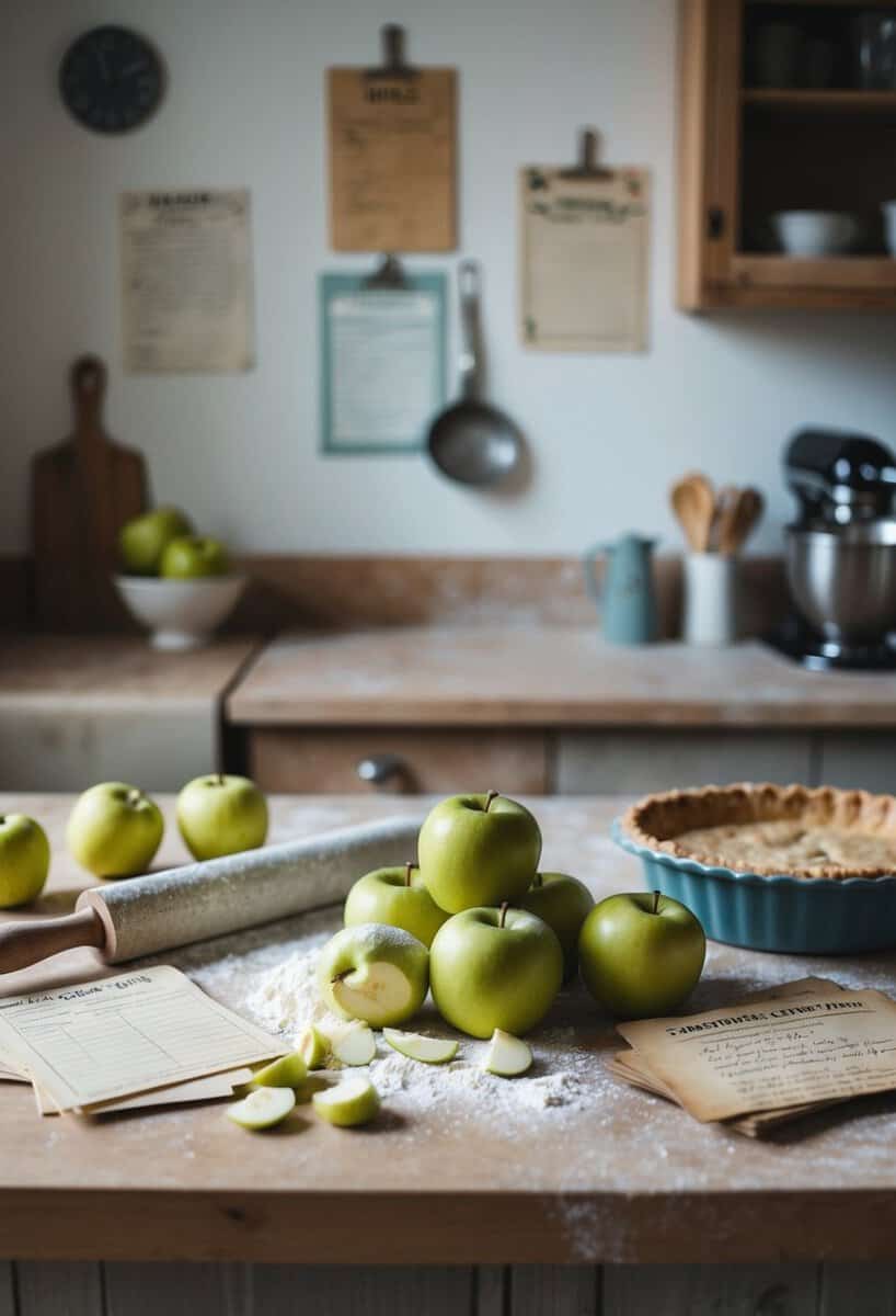 A rustic kitchen counter with a flour-dusted rolling pin and a mound of freshly peeled apples, surrounded by vintage recipe cards and a worn, well-loved pie dish