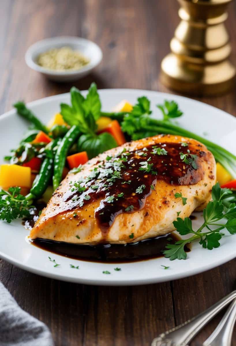 A sizzling chicken breast coated in glossy balsamic glaze, surrounded by fresh herbs and colorful vegetables on a white plate