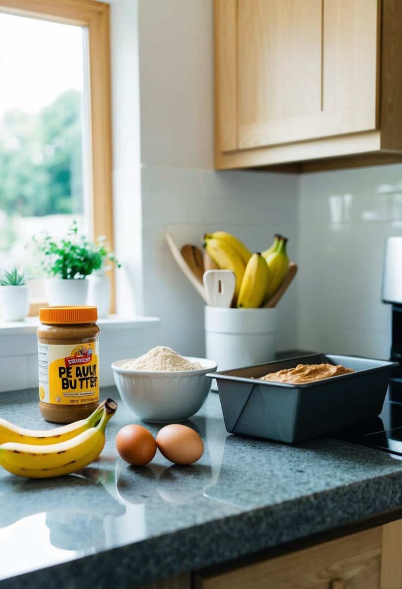 A kitchen counter with ingredients (peanut butter, bananas, flour, eggs) and a mixing bowl, next to a loaf pan in an oven