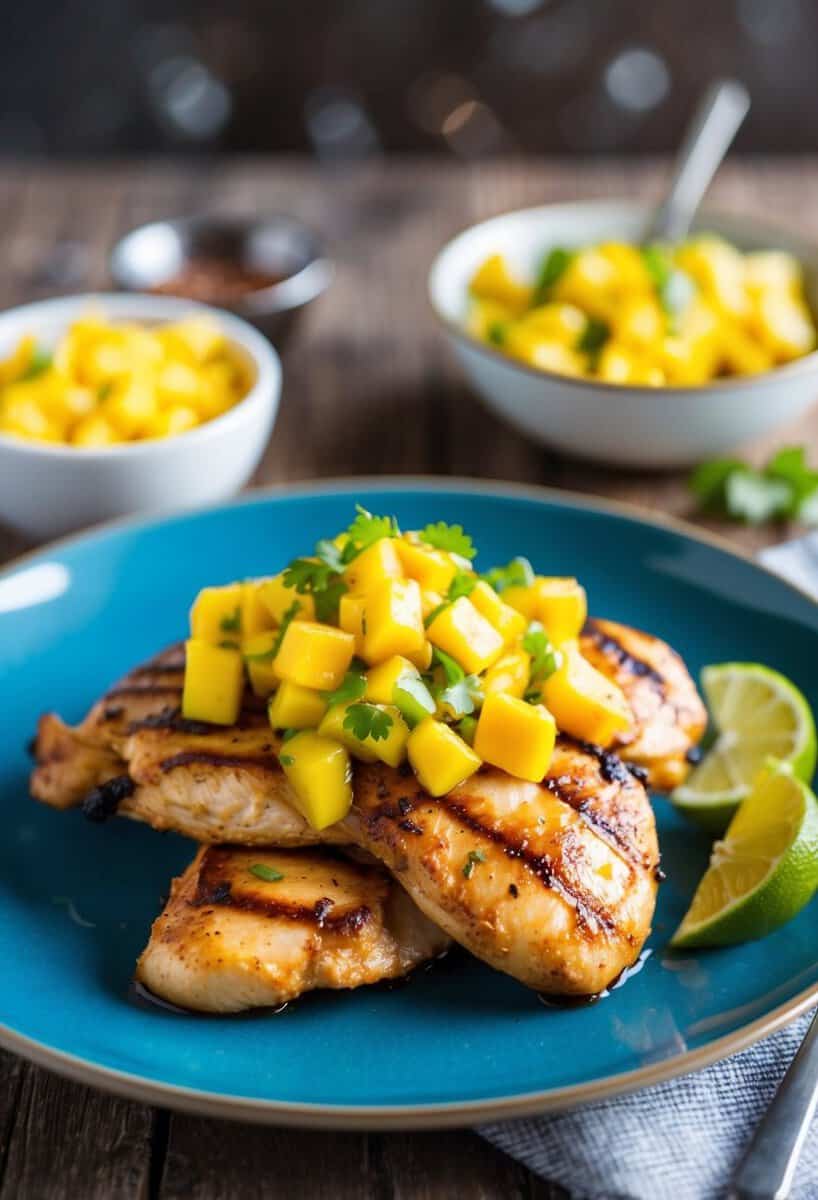 A plate of grilled chicken topped with vibrant mango salsa