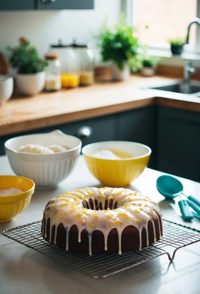 A kitchen counter with ingredients, mixing bowls, and a freshly baked lemon drizzle cake cooling on a wire rack