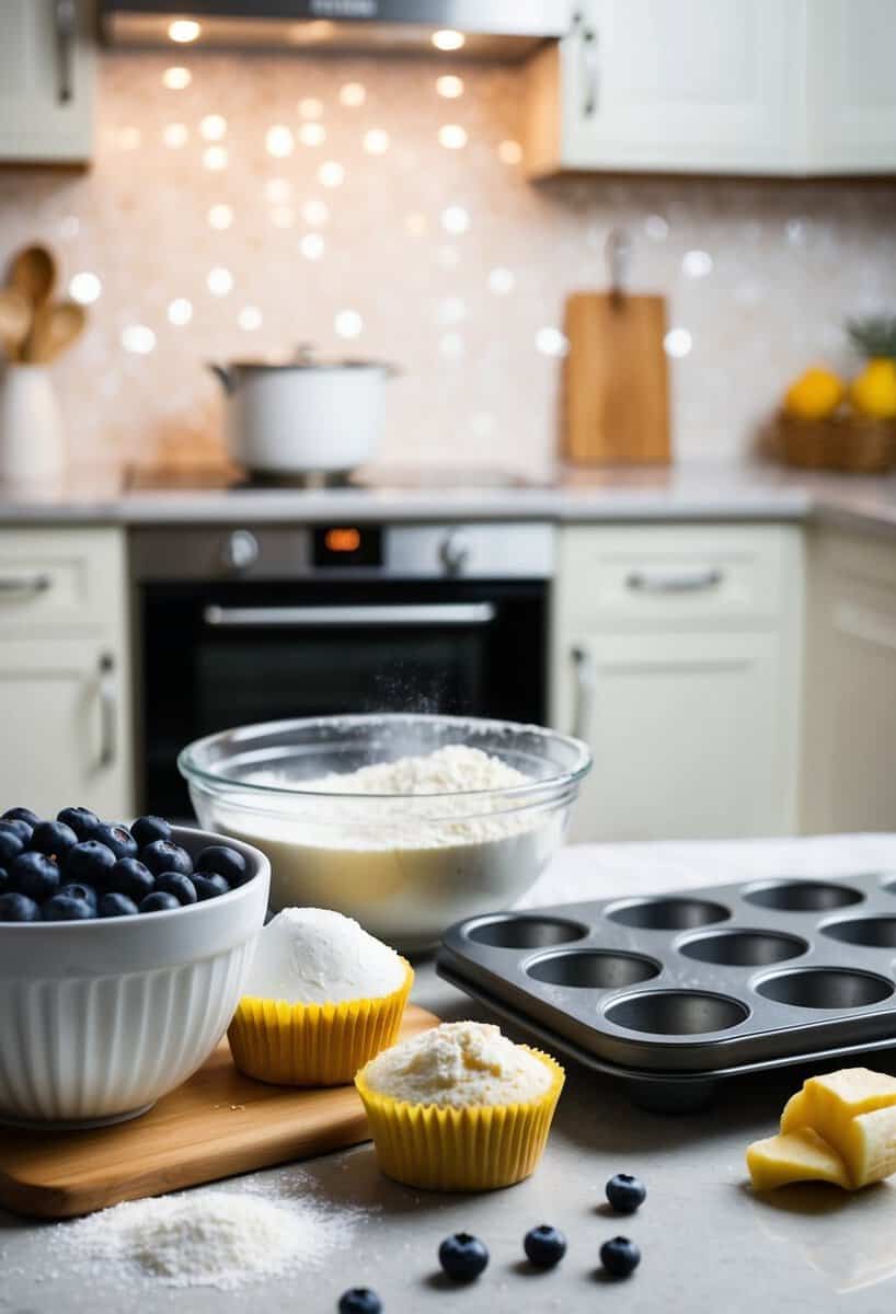 A kitchen counter with a mixing bowl, flour, sugar, blueberries, and a muffin tin. A warm oven in the background