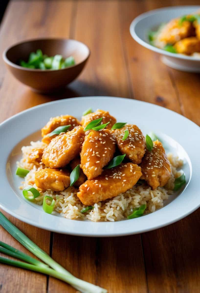 A plate of orange chicken with rice, garnished with sesame seeds and green onions, sits on a wooden table