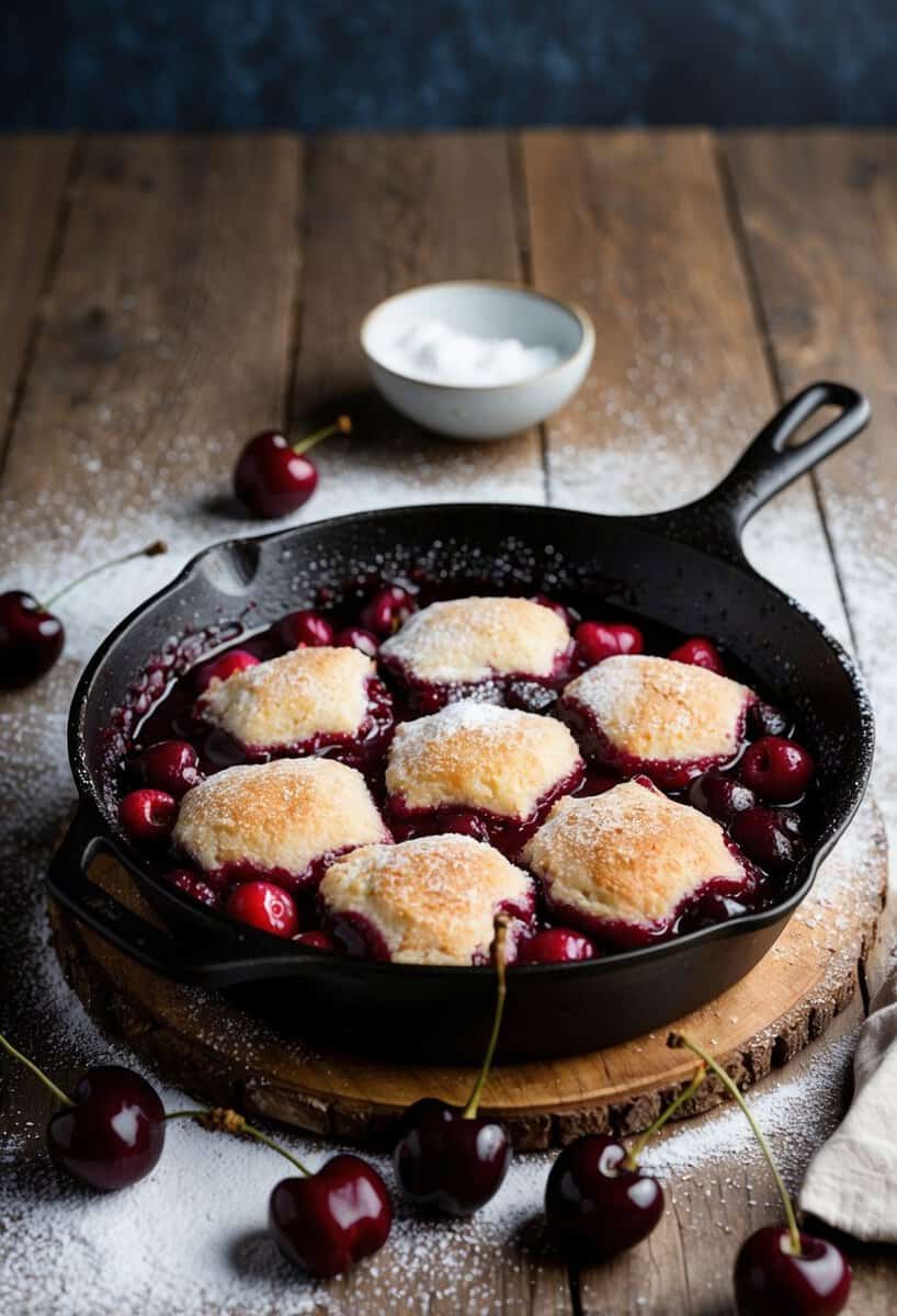 A rustic kitchen with a bubbling cherry cobbler in a cast iron skillet, surrounded by fresh cherries and a dusting of powdered sugar