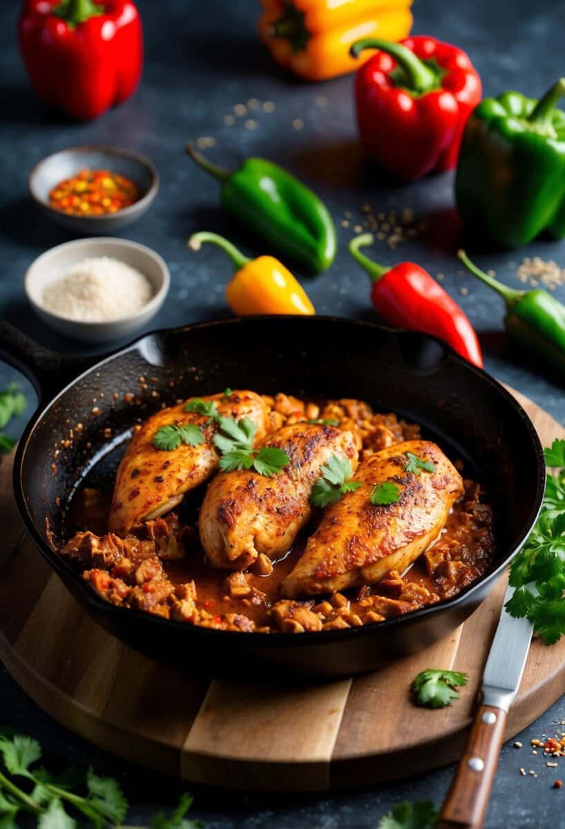 A sizzling skillet with juicy chipotle chicken, surrounded by vibrant peppers and spices