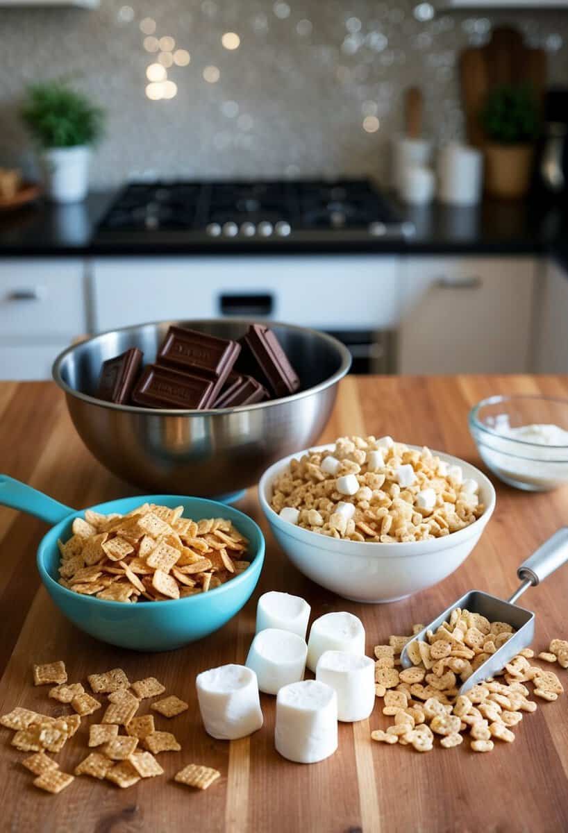 A kitchen counter with ingredients for S'mores Rice Krispie Treats, including marshmallows, chocolate, and cereal, laid out next to a mixing bowl and baking pan