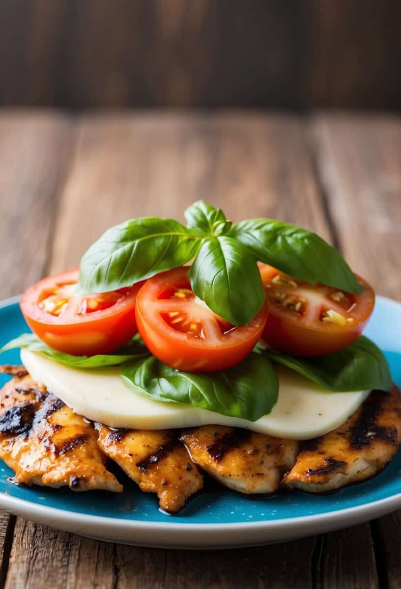 Fresh basil, ripe tomatoes, and mozzarella cheese layered on top of juicy grilled chicken