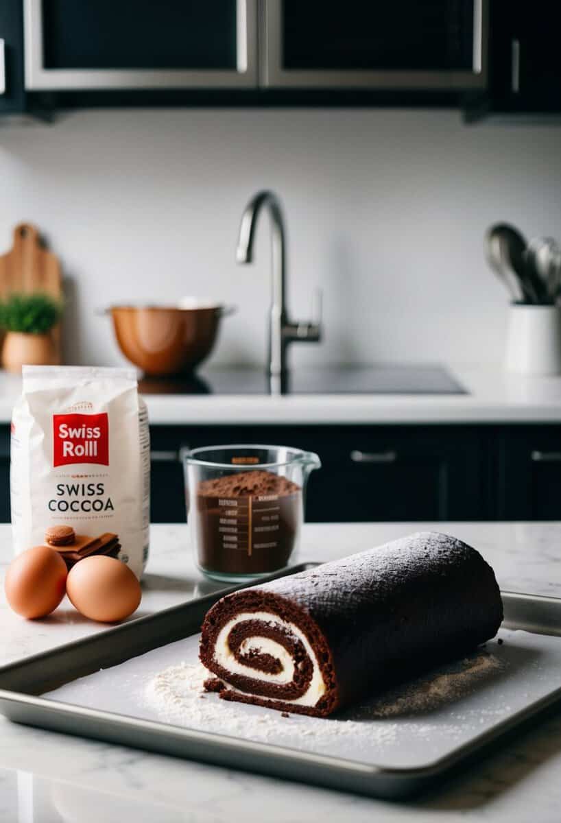 A kitchen counter with ingredients for Swiss Roll Chocolate Cake, including flour, cocoa, eggs, and a rolled-up cake on a baking sheet