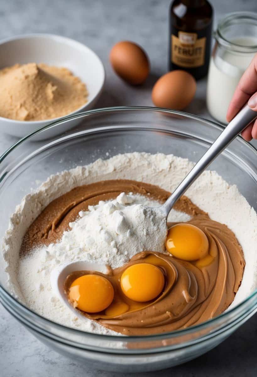 A mixing bowl with flour, sugar, peanut butter, eggs, and vanilla extract. A spoon mixing the ingredients together