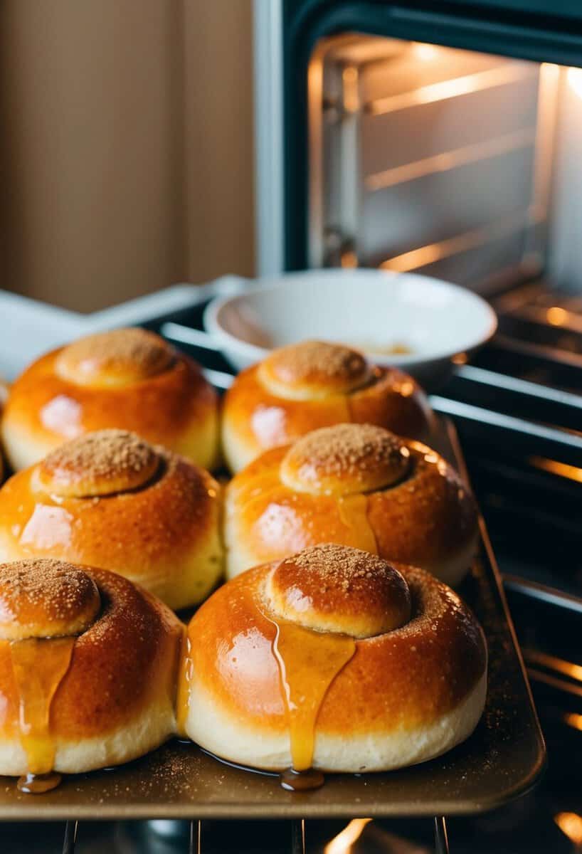 Golden buns baking in a warm oven, dripping with honey glaze and sprinkled with cinnamon