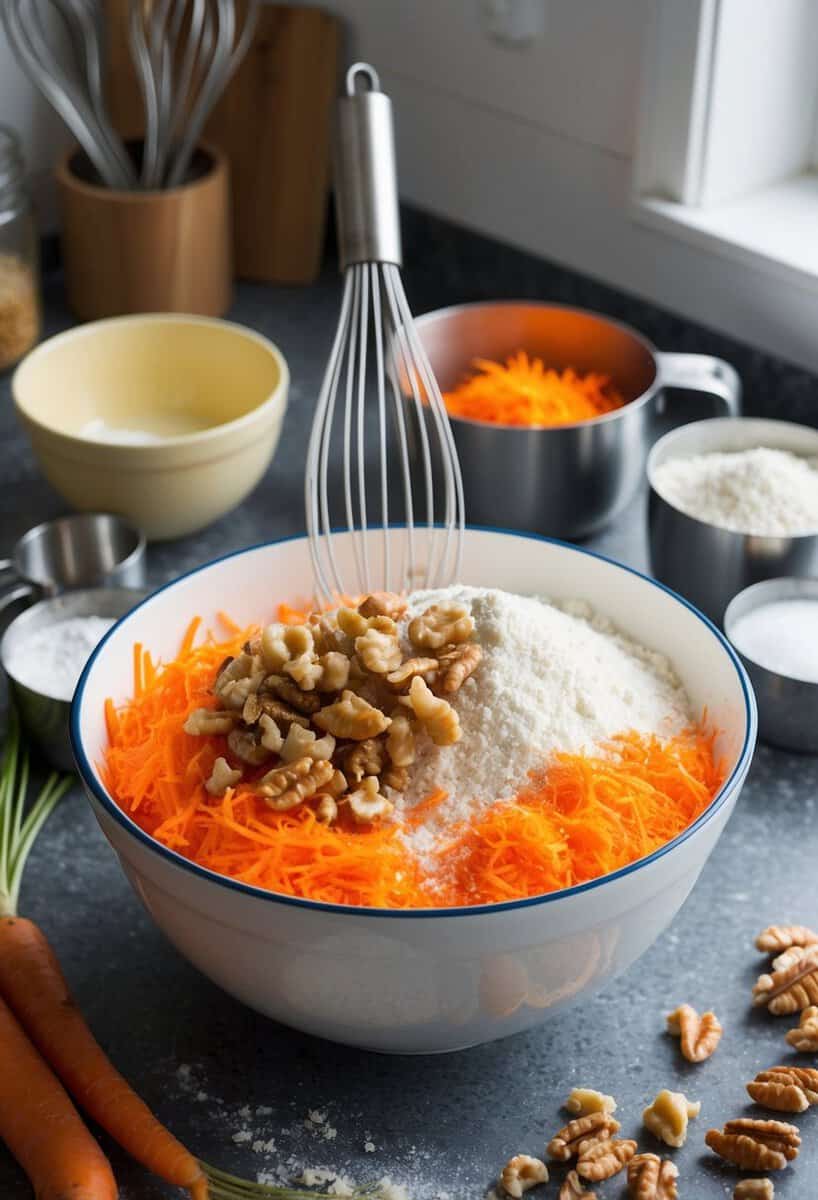 A mixing bowl filled with grated carrots, chopped walnuts, and flour, surrounded by measuring cups and a whisk on a kitchen counter