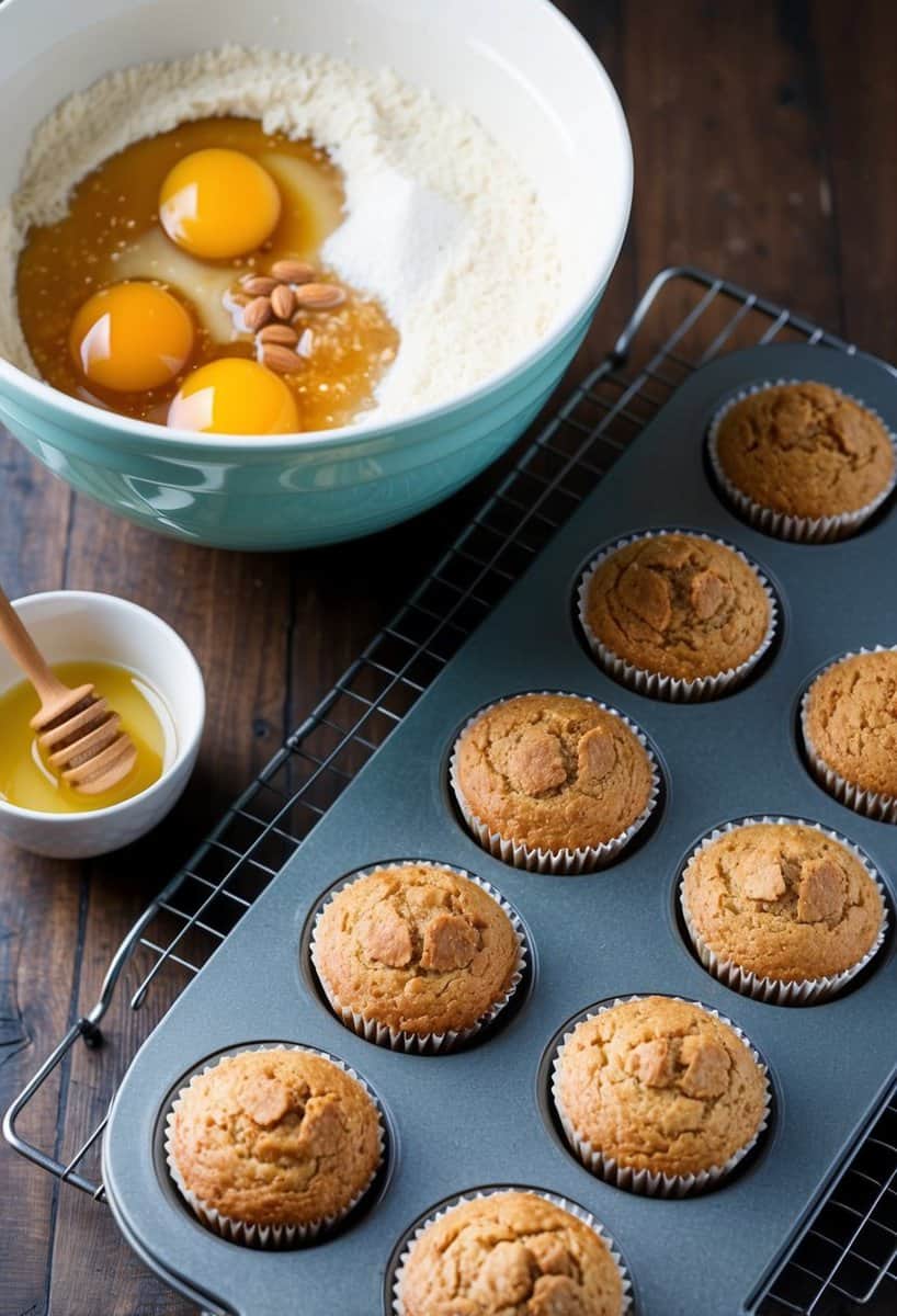 A mixing bowl filled with almond flour, eggs, and honey sits next to a tray of freshly baked almond power muffins cooling on a wire rack