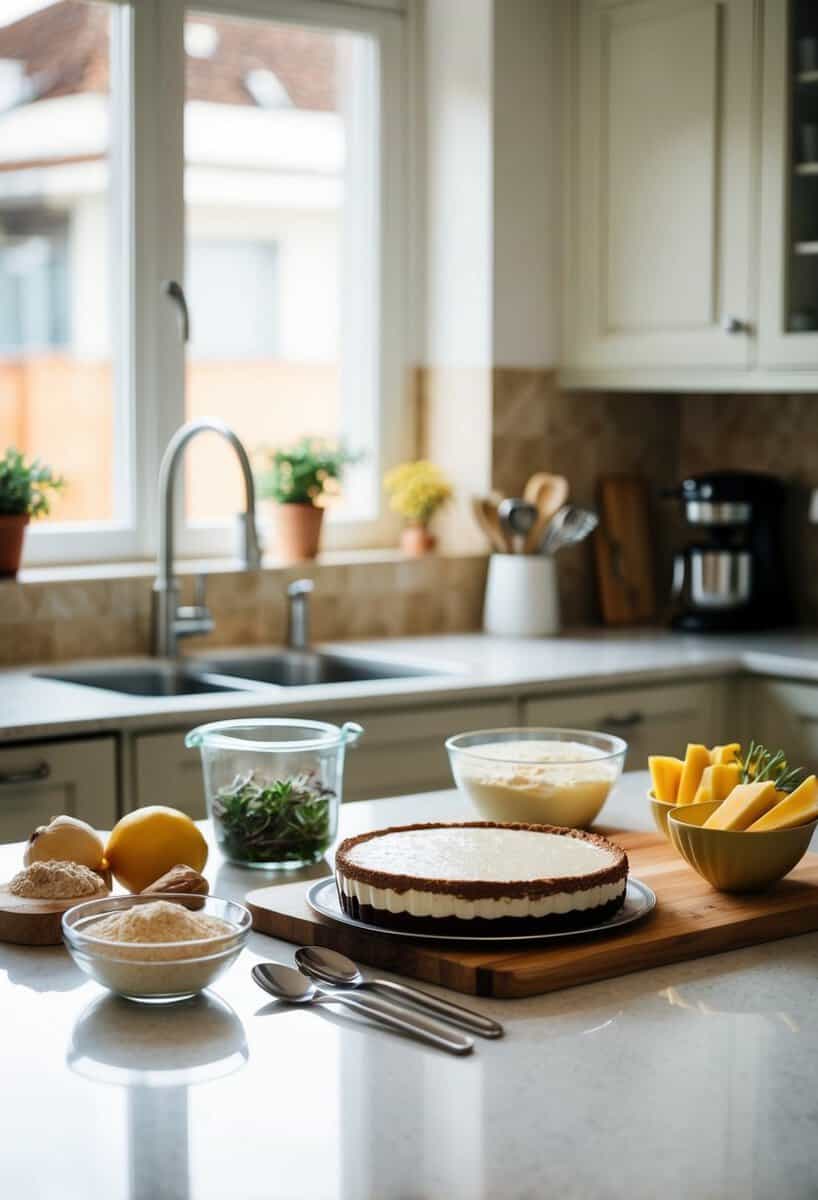 A kitchen counter with ingredients and utensils set out for making classic Tiramisu