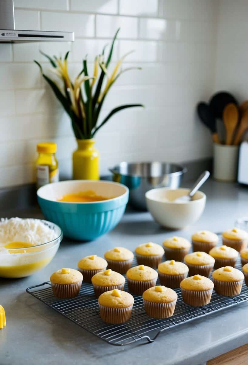 A kitchen counter with ingredients, mixing bowls, and a tray of freshly baked vanilla bean cupcakes cooling on a wire rack