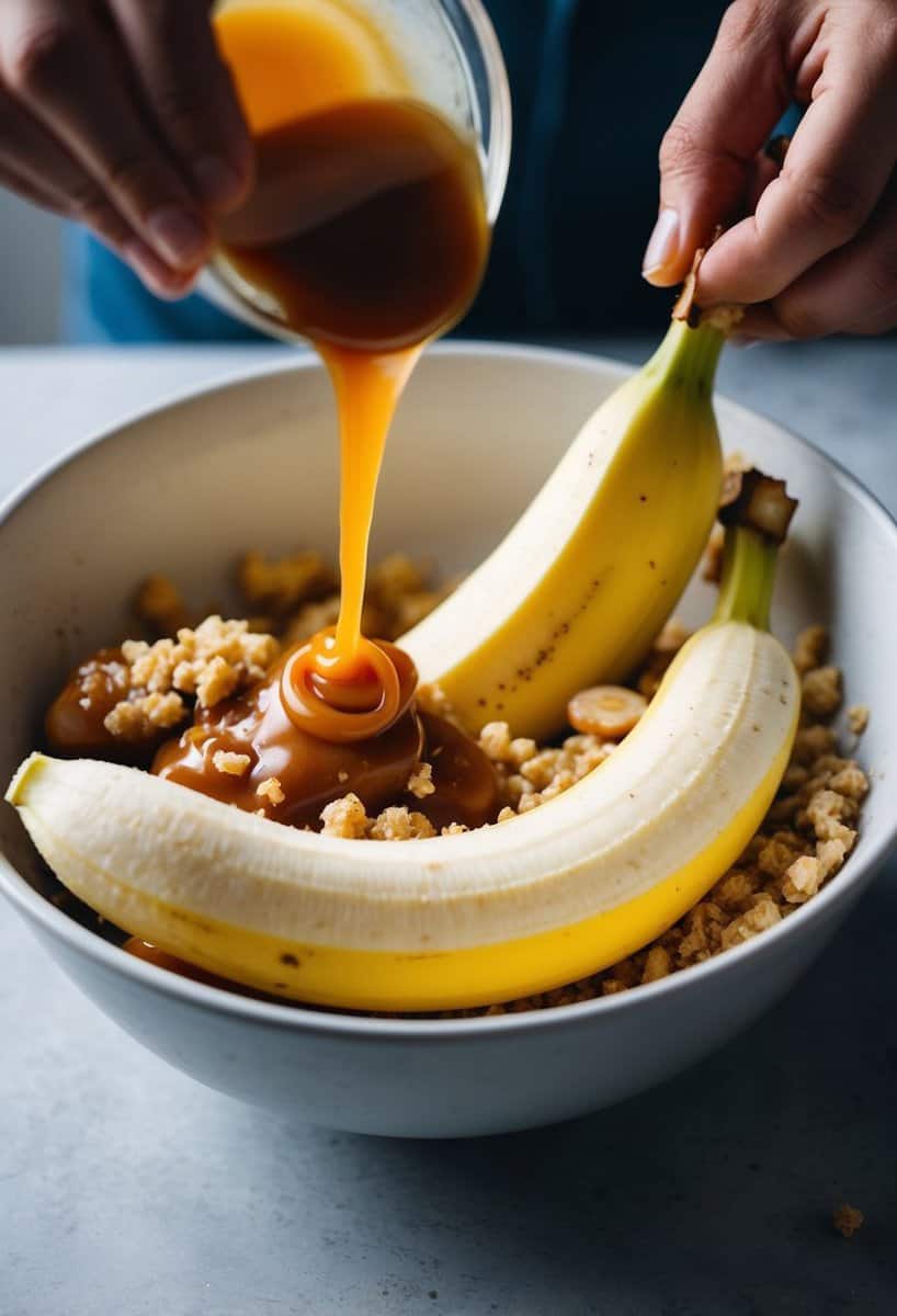 A ripe banana being sliced and mixed with caramel and crumble in a bowl