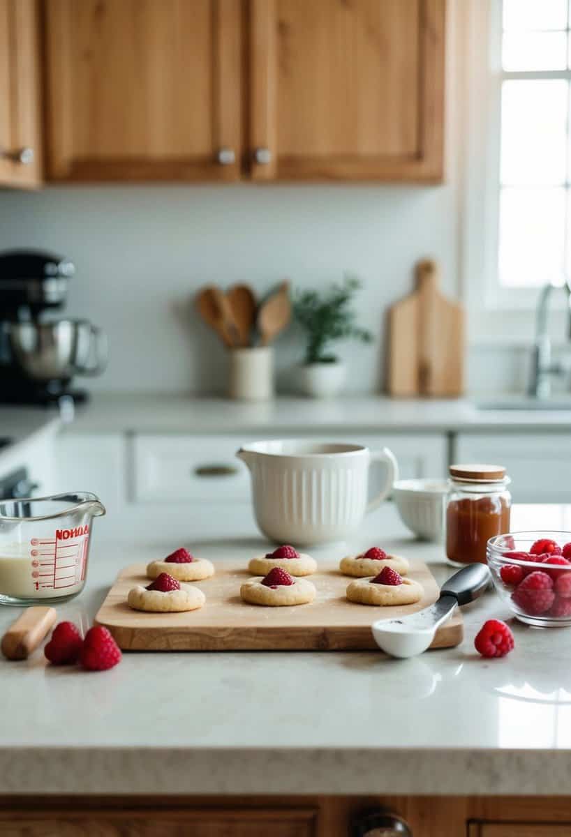 A kitchen counter with ingredients and tools for making raspberry thumbprint cookies