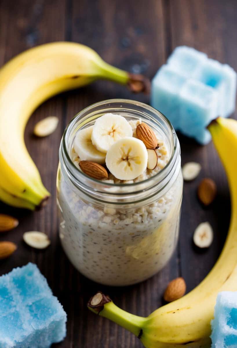 A glass jar filled with overnight oats, topped with sliced bananas and almonds, surrounded by frozen bananas