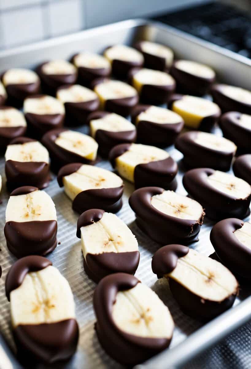 Sliced bananas dipped in chocolate and arranged on a tray, ready to be frozen