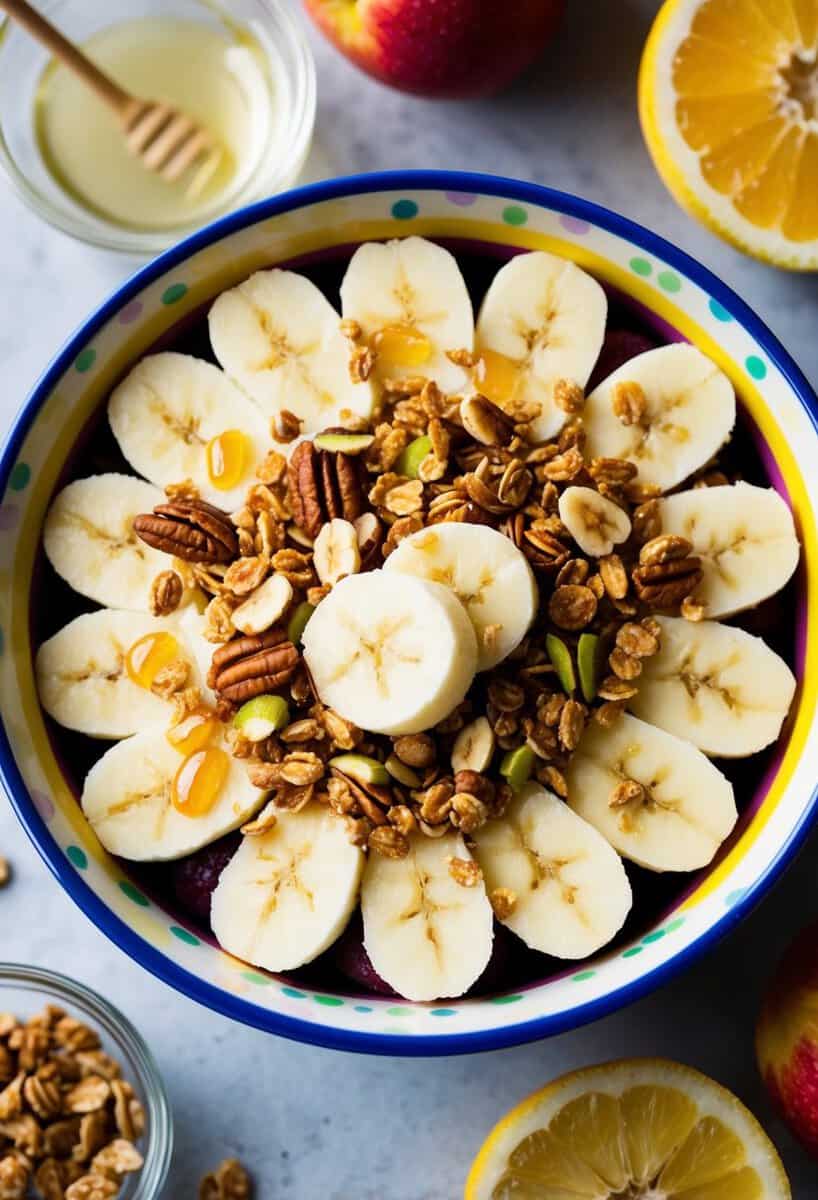 A colorful bowl filled with frozen banana slices, topped with granola, nuts, and drizzled with honey, surrounded by fresh fruit