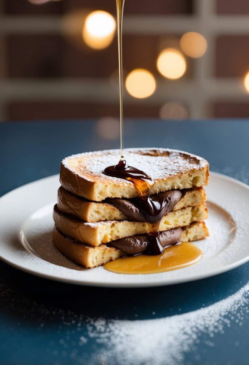 A plate of Nutella Stuffed French Toast with a drizzle of syrup and a sprinkle of powdered sugar on top