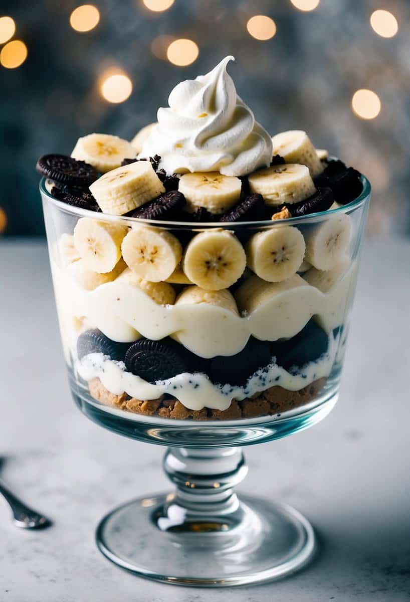 A glass parfait dish filled with layers of sliced bananas, vanilla pudding, and crumbled cookies, topped with a dollop of whipped cream